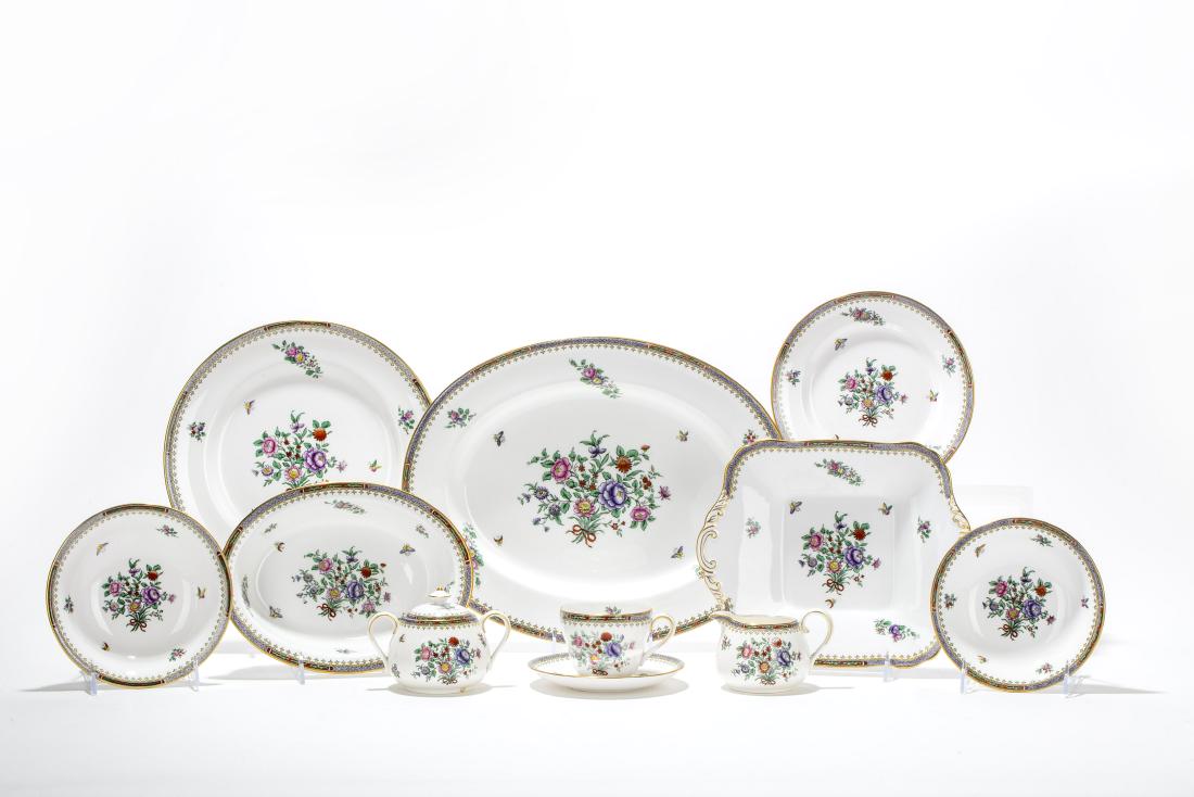 Spode porcelain Lowestoft Flowers part service: An assembled Spode porcelain part dinner service in the Lowestoft Flowers pattern Comprising twelve 10 3/4in dinner plates, thirteen 7 3/4in salad plates, six 6 1/2in side plates, seven 6 1/4in bread 