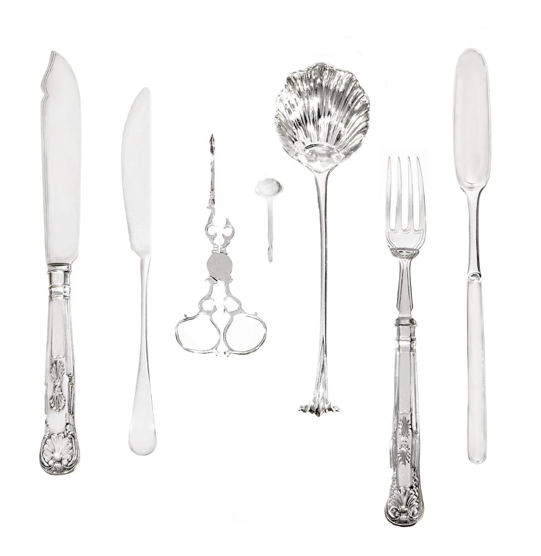 An group of English silver flatware: An assembled group of English silver flatware various makers 19th-20th century Comprising a pair of Onslow pattern sauce ladles by Charles Stuart Harris, 1899, a double marrow scoop by Francis Higgins
