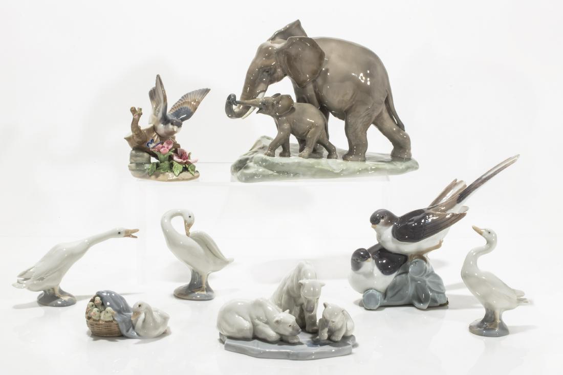 Eight Lladro porcelain animals and birds: Eight Lladro porcelain animals and birds Comprising elephant mother and calf, group of two birds, three geese, group of goose and ducklings, group of three polar bears and bird perched on a branch, ea