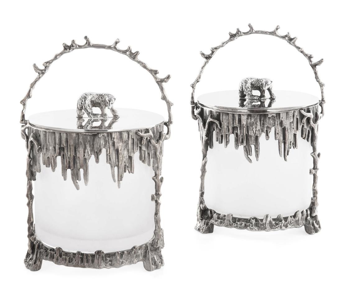 Pair of silverplate & glass polar bear ice pails: A pair of silverplate and frosted glass polar bear covered ice buckets modern height 6 1/2in (16.5cm); width 6in (15.25cm)