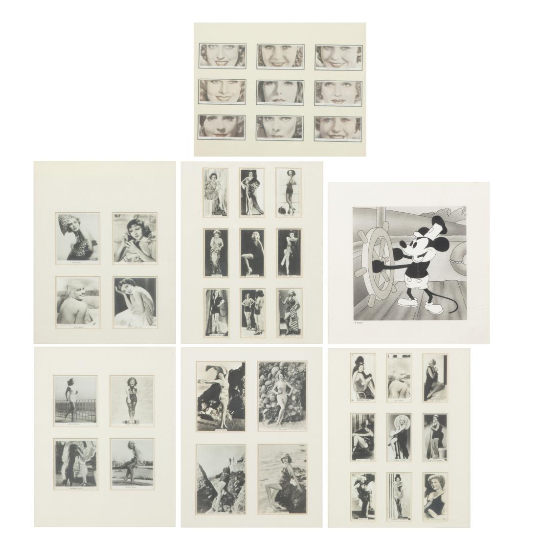A collection of Hollywood film star trade cards: A collection of thirty nine vintage Hollywood film star cigarette trade cards matted and framed, together with a framed Steamboat Willie serigraph. (7) frame size 16 3/4 x 13 3/4n (42.5 x 35cm)