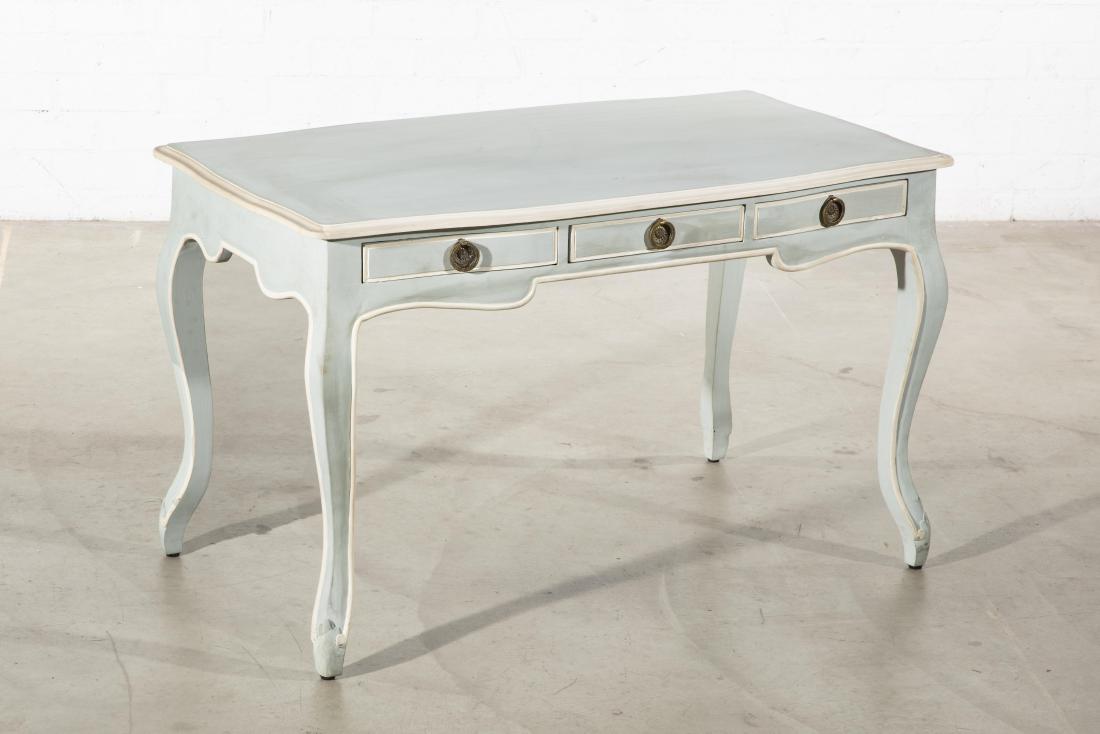 A Swedish Rococo style painted writing table: A Swedish Rococo style paint decorated writing table modern height 30in (76cm); width 50 1/2in (128.5cm); depth 28in (71cm)