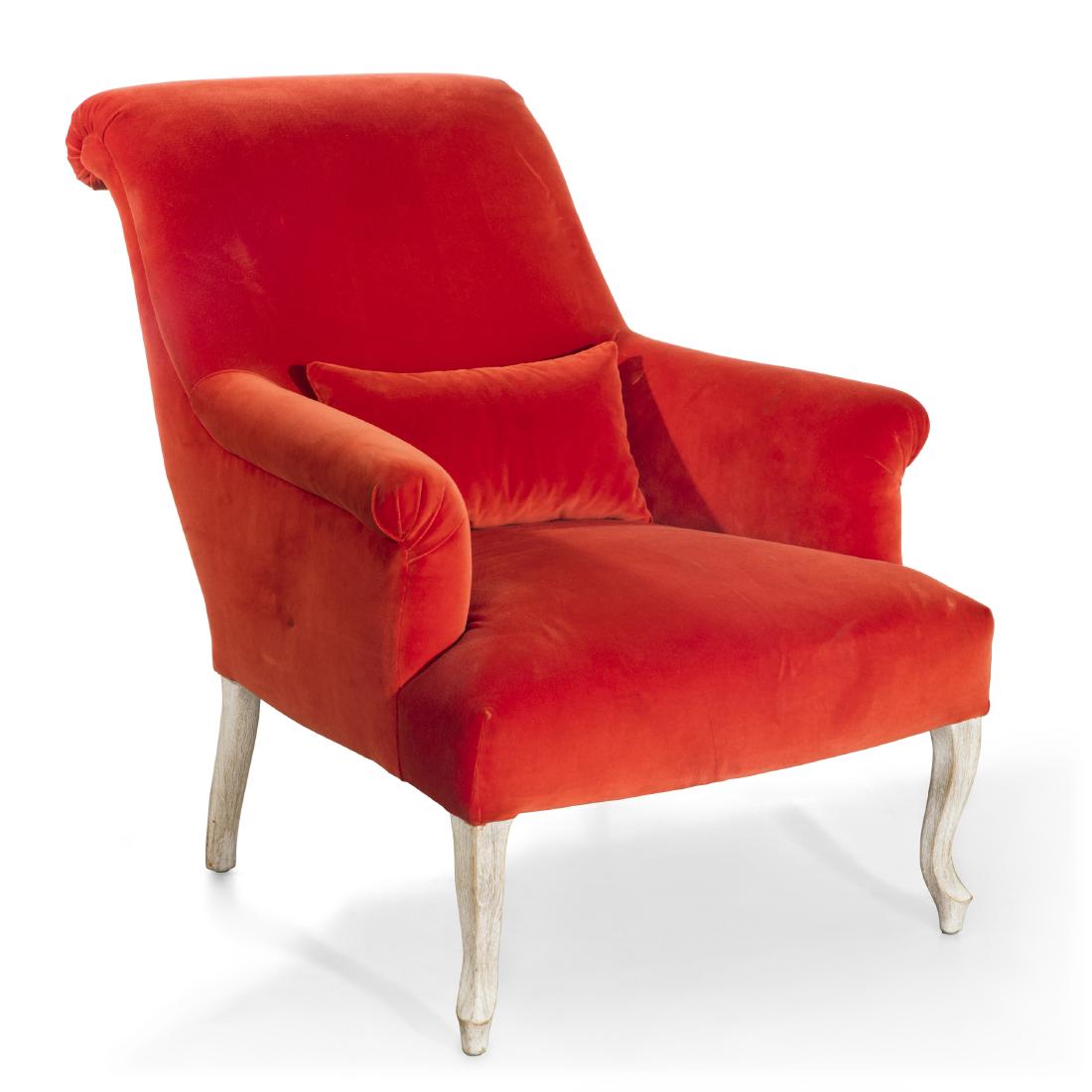 A Contemporary Rococo style upholstered armchair: A Contemporary Rococo style limed wood and fully upholstered armchair with loose cushion height 35in (89cm); width 28in (71cm); depth of seat 23 1/2in (60cm)