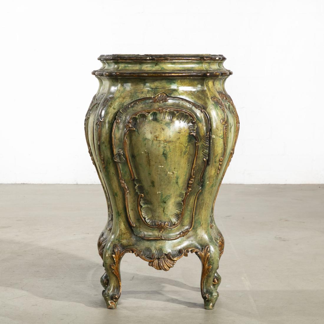 An Italian Rococo style painted commodino: An Italian Rococo style parcel gilt and paint decorated commodino 20th century height 32 1/4in (82cm); width 21in (53.5cm); depth 15in (38cm)