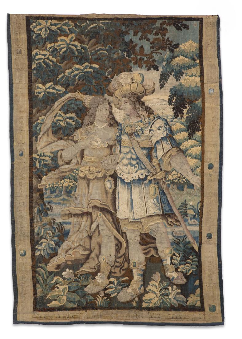 A Flemish Baroque tapestry fragment, lady & gent (1 of 1)