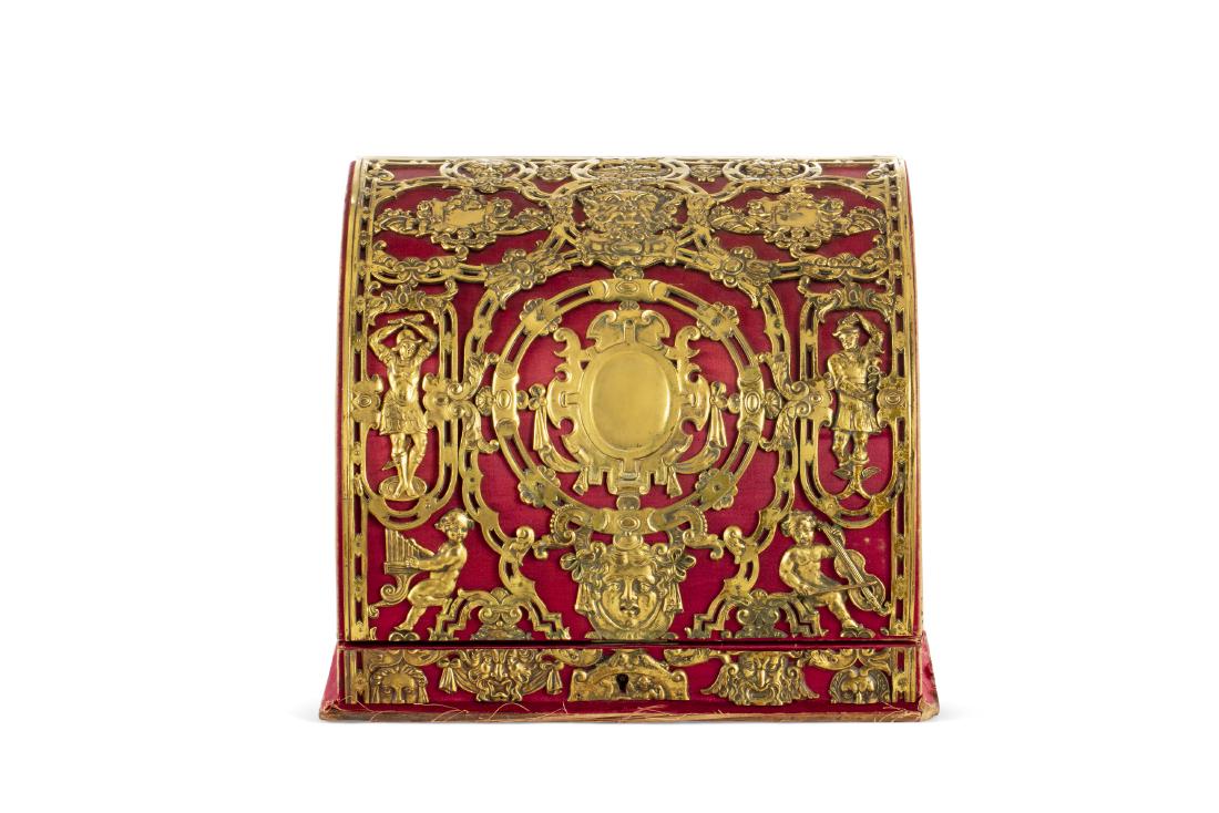 Gilt bronze mounted red silk stationary table box (1 of 3)