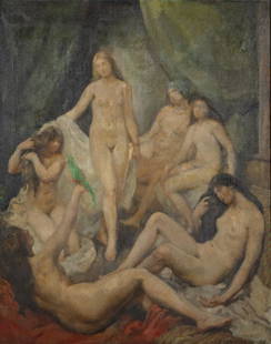 Hugo Boettinger Nudes with a parrot: Hugo Boettinger (Czech, 1880-1934) Nudes with a parrot oil on canvas signed lower right and dated 1912-1917 59 x 47in (150 x 120cm)Provenance: Property from a Private Los Angeles California Collector.