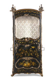 A Spanish Rococo painted sedan chair: A Spanish Rococo parcel gilt and paint decorated sedan chair third quarter 18th century Decorated with a coat of arms surmounted with a Spanish marquis' coronet. height 67 1/2in (171.5cm); width 31in