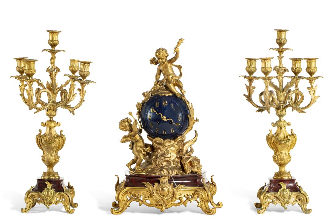 Louis XV style bronze and marble clock garniture (1 of 3)