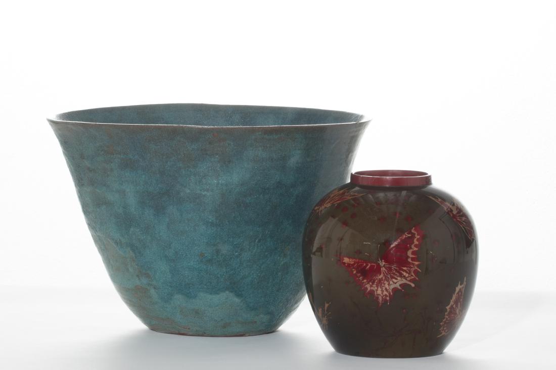 Two ceramic vessels, Bernard Moore and another: Two ceramic vessels Bernard Moore and another post 1950 A Bernard Moore butterfly vase and a large blue volcanic glaze bowl. the larger height 10 1/2in (27cm); diameter 15 1/2in (39.5cm) Proven