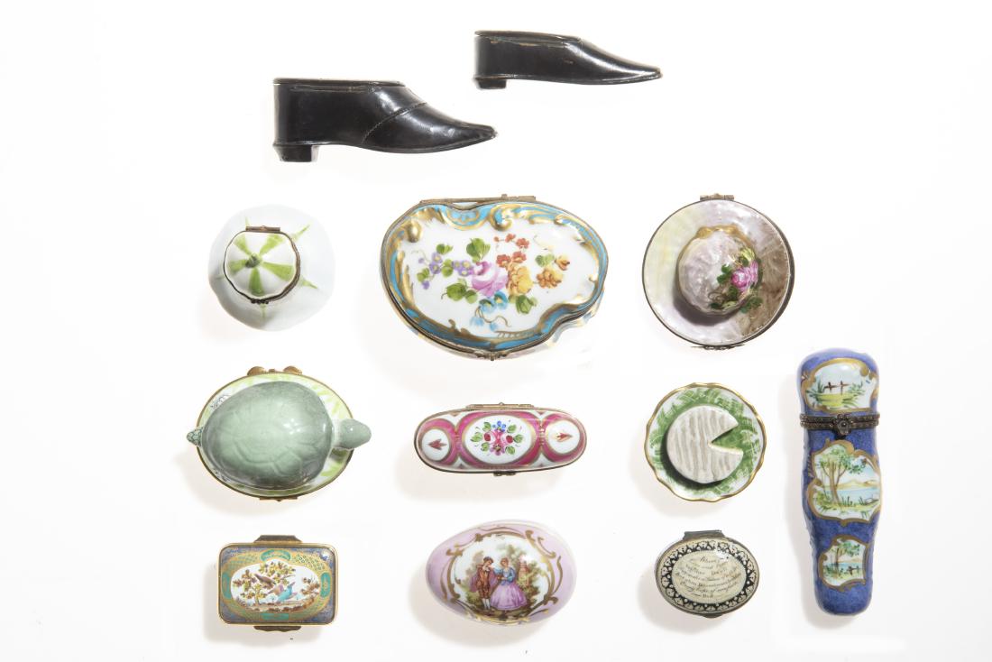Collection of twelve English & French snuff boxes: A collection of twelve English and French snuff boxes 19th century Comprising five Limoges, one Porcelain de Paris, one Sevres style, one unmarked probably French, one enamel Halcyon Days and one Engl