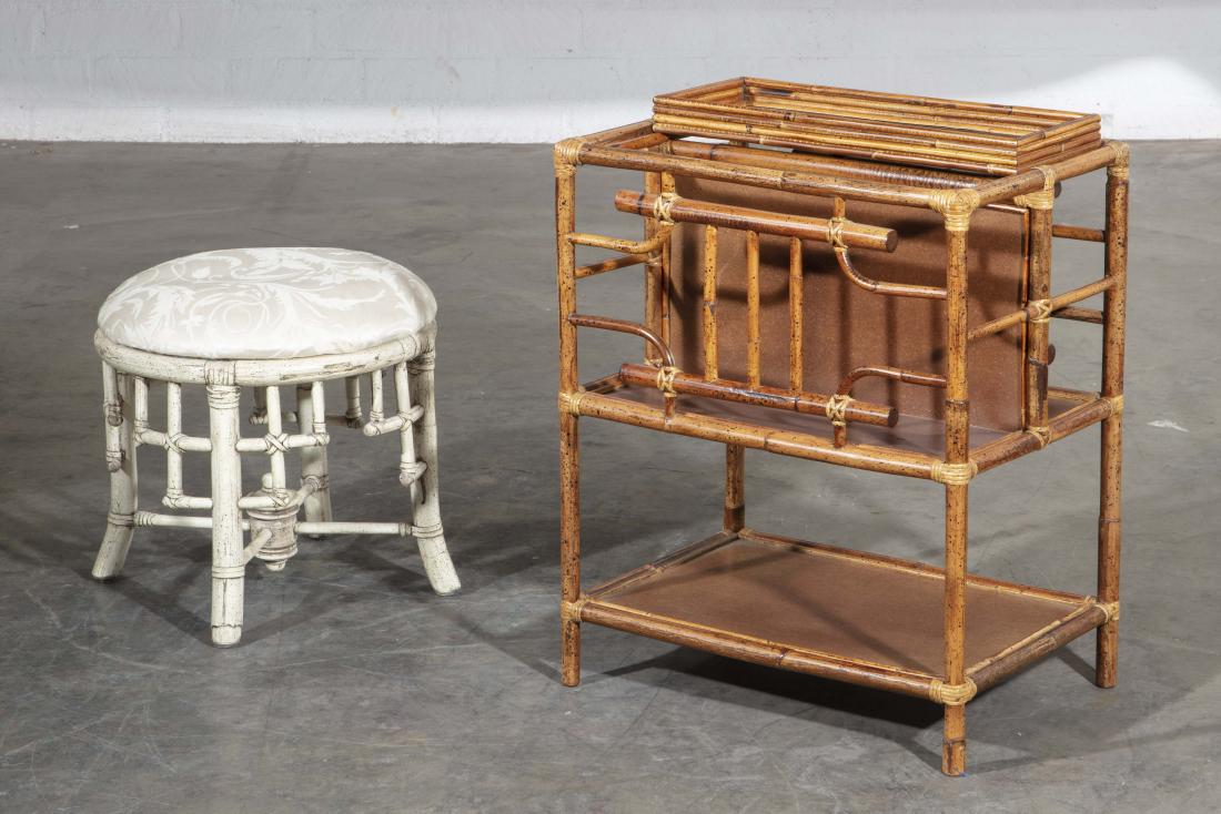 A Regency style faux bambook canterbury: A Regency style faux bambook canterbury modern Together with a white painted faux bamboo stool and similar desk tray (3). height of tallest 24in (61cm); width 20 1/4in (51cm); depth 14in (36cm) Pro