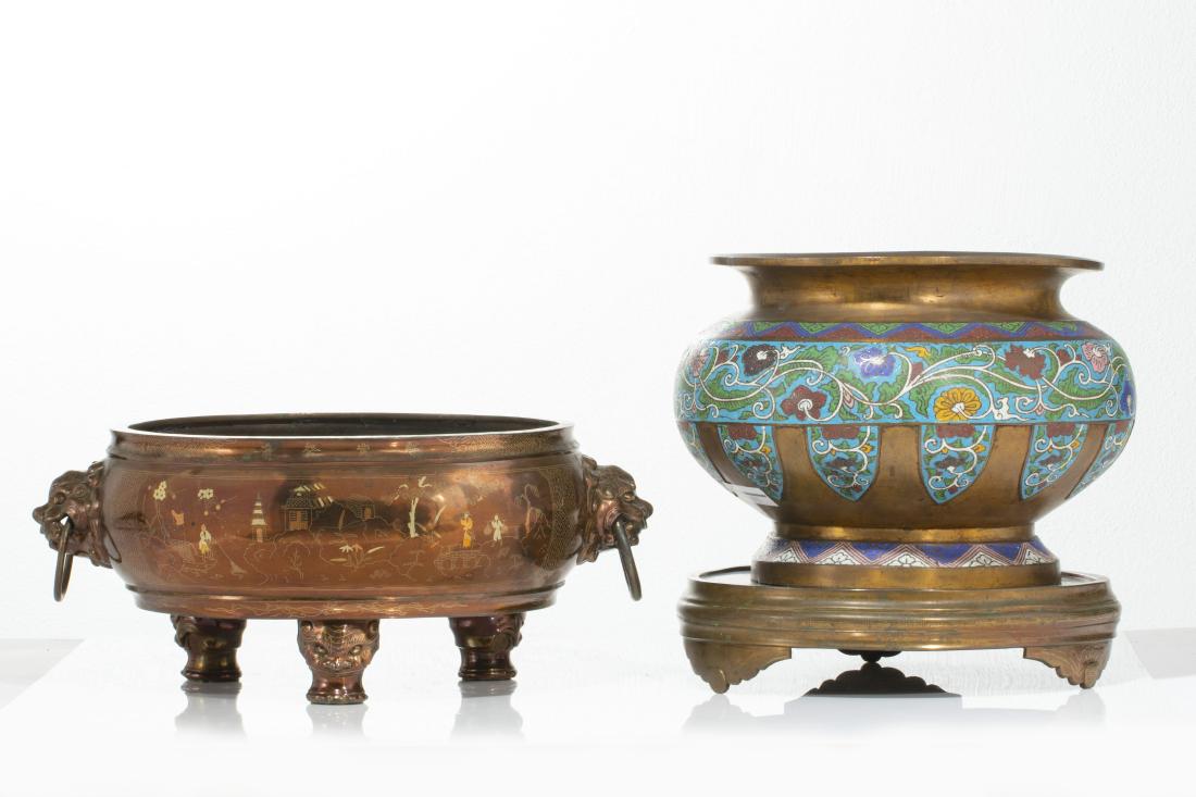 A Chinese mixed metal censer and enamel censer: A Chinese mixed metal censer and a Chinese enamel censer 20th century Enamel censer lacking bottom. the larger overall height 12 1/4in (31cm); width 19in (48cm) Provenance: Property from the Estat