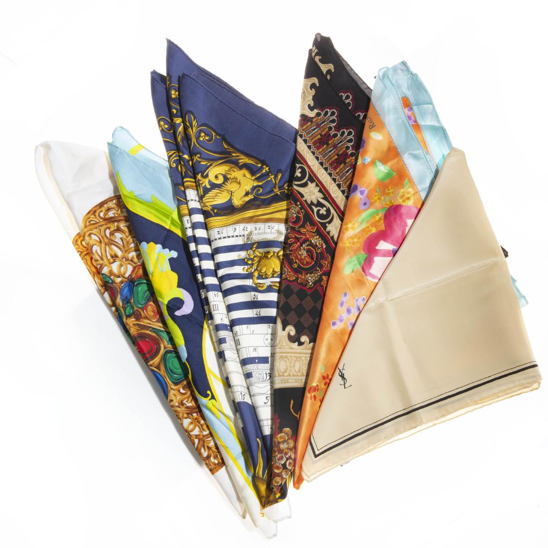 Designer silk scarves: Hermes, Chanel, Dior, Fendi: A six piece collection of lady s designer silk scarves 20th century Chanel, Christian Dior, Fendi, Hermes, Ralph Lauren and Yves Saint Lauren. the largest approximately 35 x 35in (89 x 89cm)