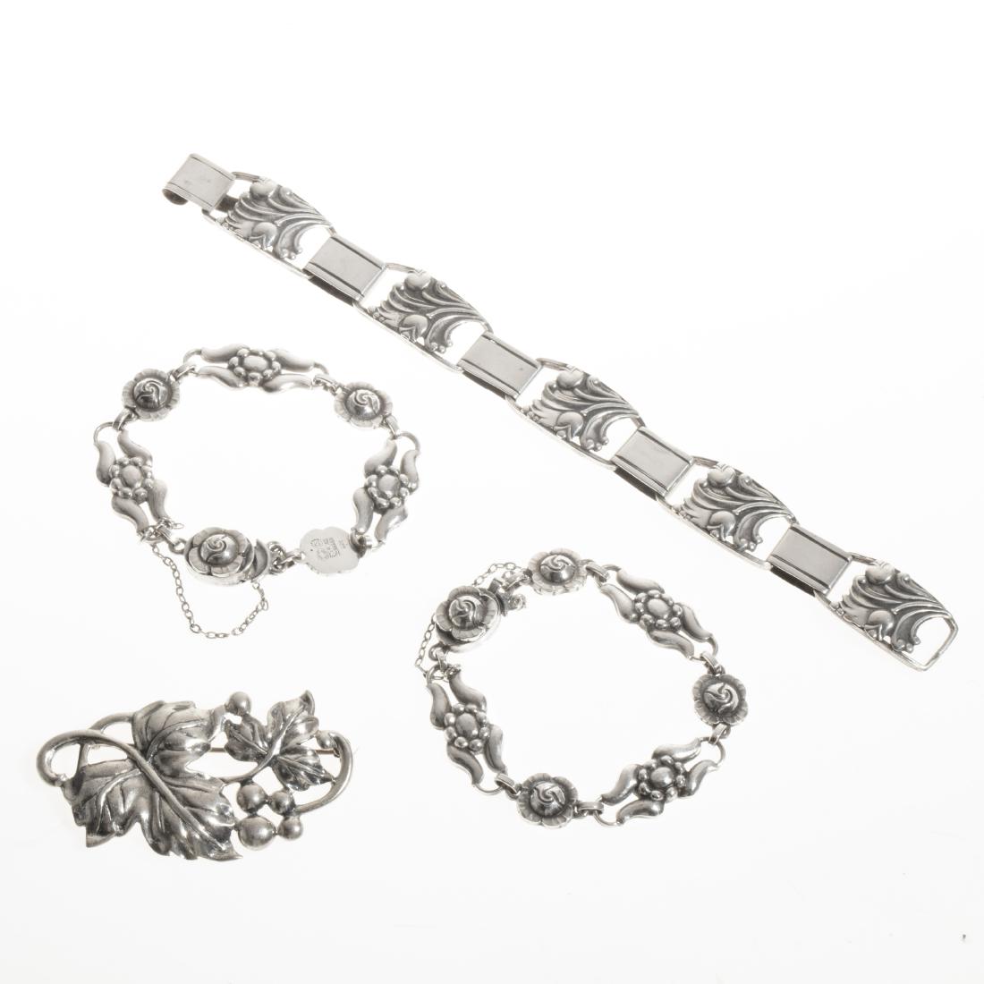 Three Scandinavian Art Deco silver bracelets: Three Scandinavian Art Deco sterling silver bracelets one marked for Georg Jensen circa 1930s and later Comprising two matching, one Georg Jensen #10, other unmarked, a Norwegian bracelet and a Danecr