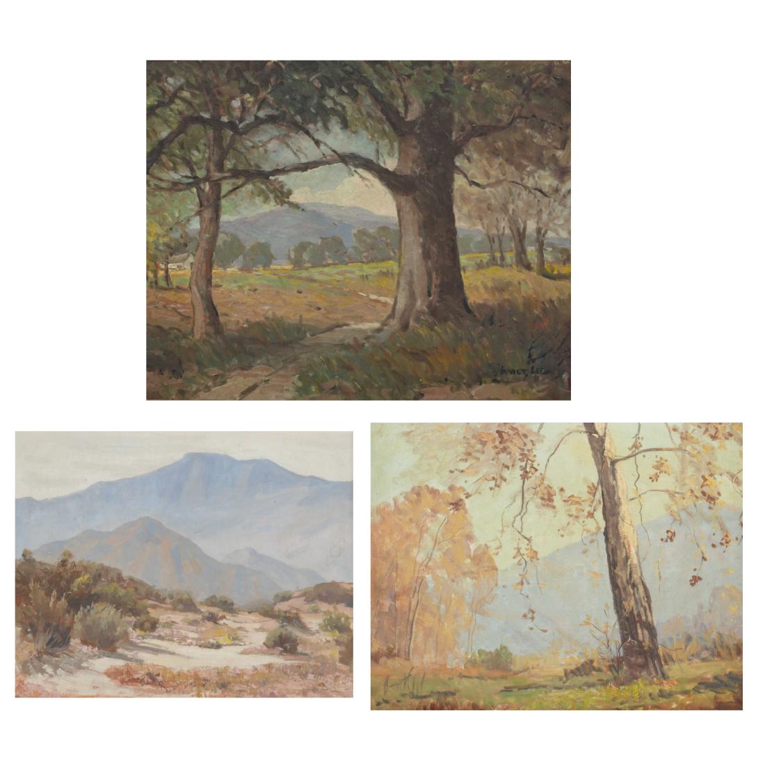 Walt Lee, Jesse Nelson Watson, four works: Walt Lee (American, 20th century) Three Works: A Breath of Spring, Lancaster, California, 1955; Eucalyptus Trees, 1921 and California Landscape oil on masonite and oil on board two signed, one unsigne