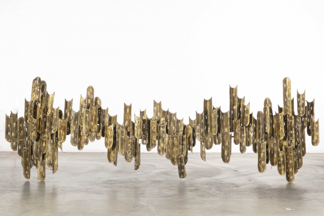 Tom Greene metal light sculpture: Tom Greene light sculpture beaten and patinated metal for Feldman Lighting Company, Los Angeles, California length 100in (254.5cm)