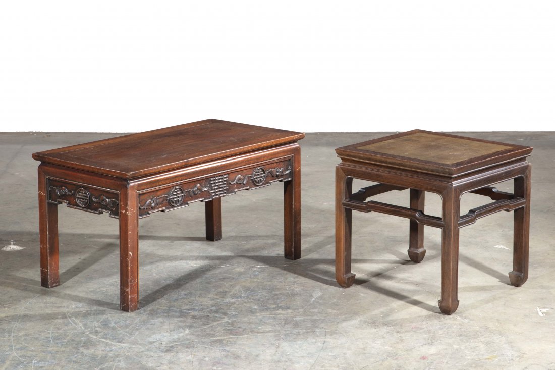 Two Chinese carved hardwood low occasional tables: Two Chinese carved hardwood low occasional tables height of largest 17 1/4in (43.5cm); width 33in (84cm); depth 18in (45.5cm) Provenance: Property from the Collection of Jeremy W. Rusk, Bel-Air, Calif