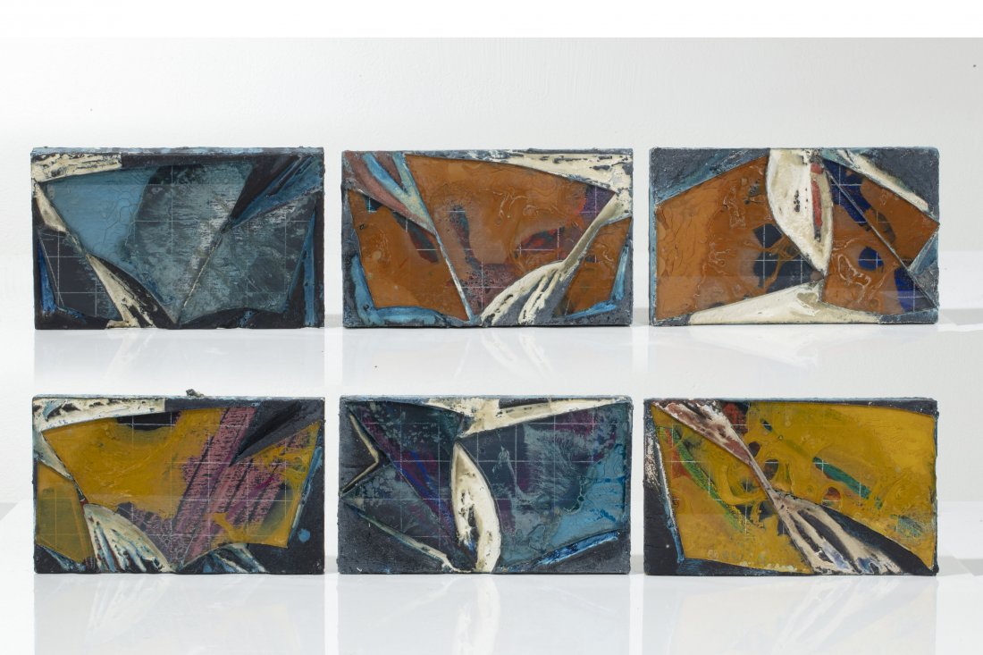 Laddie John Dill, mixed media, Untitled, 1984: Laddie John Dill (American, b. 1943) Untitled, 1984 six panel composition pigmented cement and glass and on wood each panel signed and dated to reverse each panel 6 1/4 x 10 1/4in (16 x 26cm)