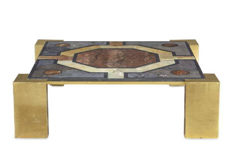 A Marcello Mioni Italian marble and brass table: A Marcello Mioni Italian specimen marble and brass coffee table third quarter 20th century height 14 1/4in (36cm); width 49in (124.5cm); depth 49in (124.5cm)