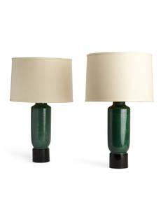 A pair of Billy Haines green ceramic lamps: A pair of William (Billy) Haines green glazed ceramic vases now as lampsdesigned 1950height 25in (63.5cm)Provenance: Property from the Collection of Frances and Sidney Brody.