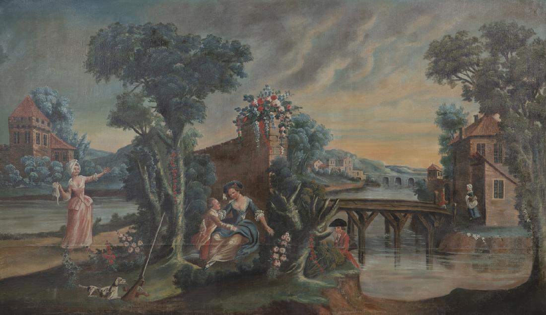 Continental School, oil, Lovers Discovered: Continental School (19th century) Lovers Discovered oil on canvas 58 x 99 1/2in (147 x 253cm)Provenance: Property from a Collector, New York City.