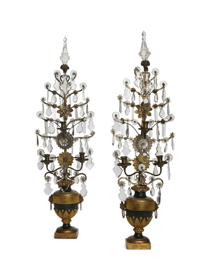 A pair of brass mounted glass candelabra (1 of 2)