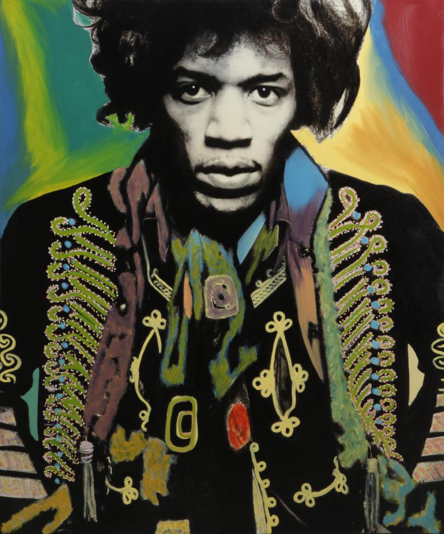 Steve Kaufman, screenprint, Jimi Hendrix, 2005: Steve Kaufman (American, 1960-2010) Jimi Hendrix, 2005 Unique screenprint with handpainting on canvas initialed by the artist on the verso, from an unnumbered edition of 10. Provenance: Marina Fine Ar