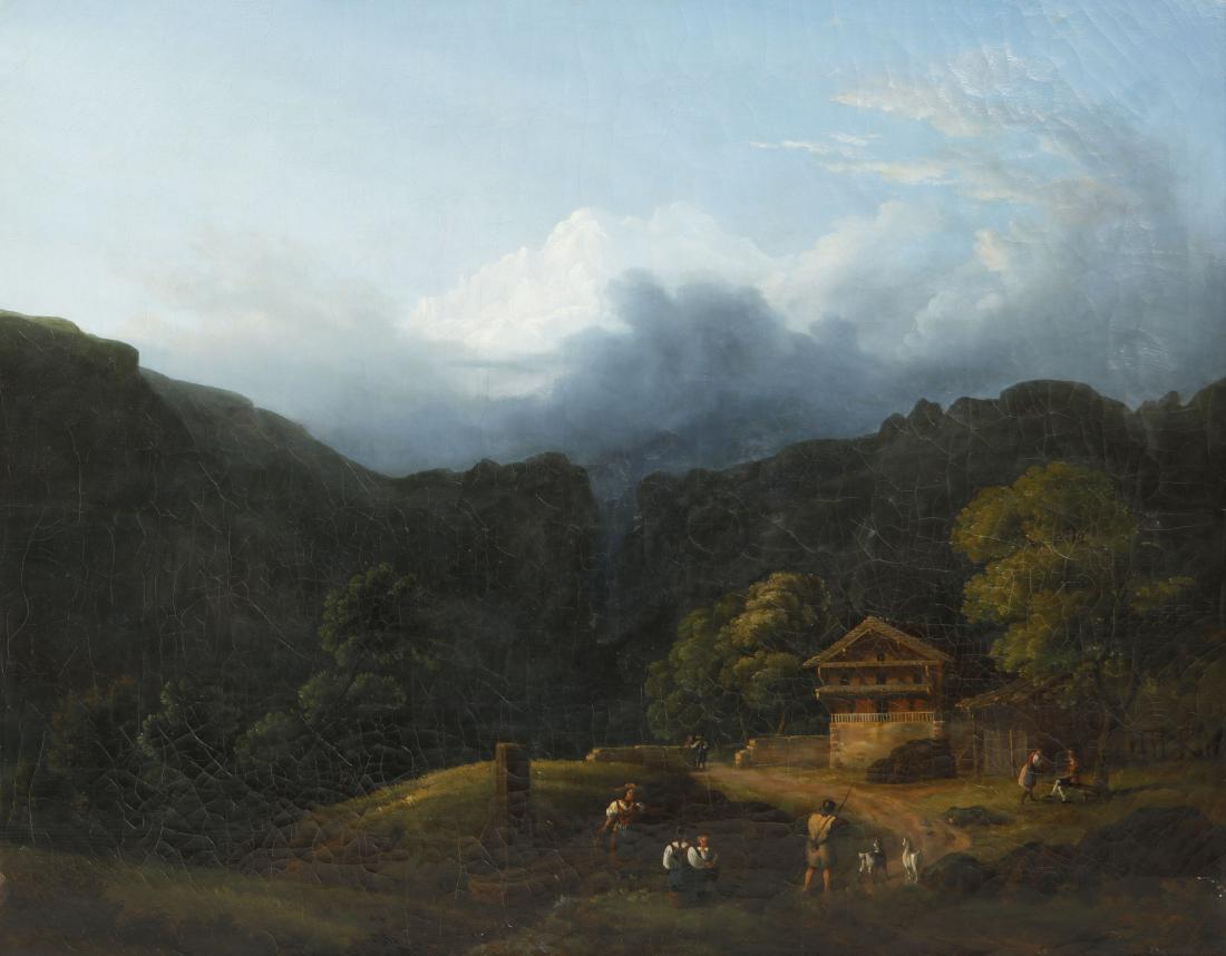 Continental School, Figures before an Alpine lodge: Continental School (19th century) Figures before an Alpine lodge oil on canvas 25 3/4 x 32in (65.5 x 81.5cm)Provenance: Property from the Estate of Stephen L. Sayler, Newport Beach, California.