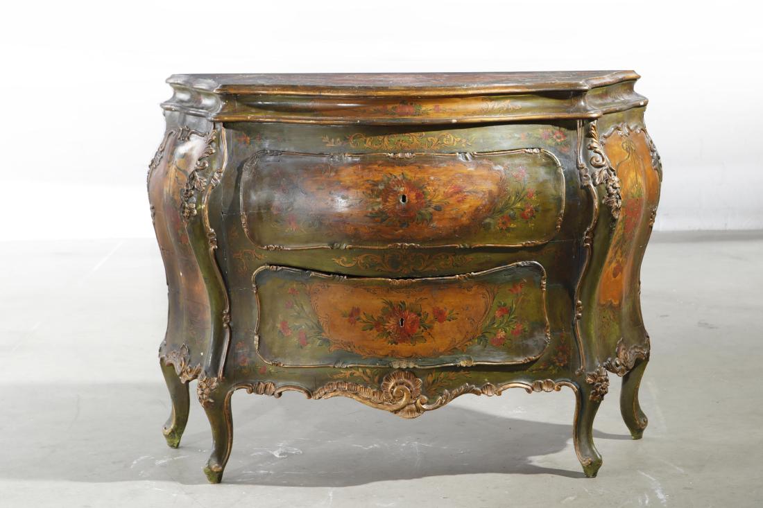 A Venetian Rococo style paint decorated commode: A Venetian Rococo style paint decorated commode early 20th century height 35 3/4in (91cm); width 48 3/4in (123.5cm); depth 19in (48cm)