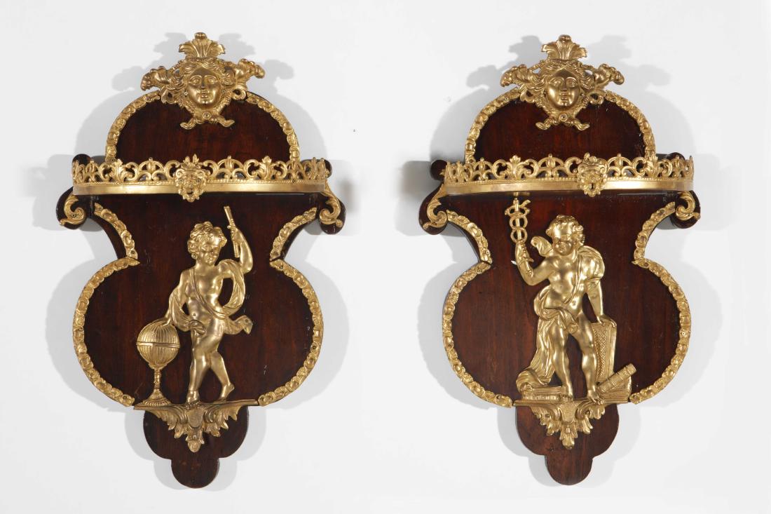 Pair Regence style bronze mounted wall brackets: A pair of Regence style gilt bronze mounted wall brackets 20th century height 20in (51cm); width 13in (33cm); depth 9in (23cm)