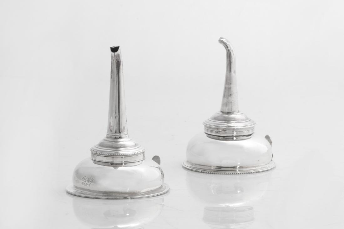 Two Georgian silver wine funnels, Hester Bateman: Two Georgian sterling silver wine funnels One marked for Hester Bateman, London, 1789, the other with marks rubbed Marked example monogramed: SC. length 5in (12.5cm); total weight approximately 4.4oz
