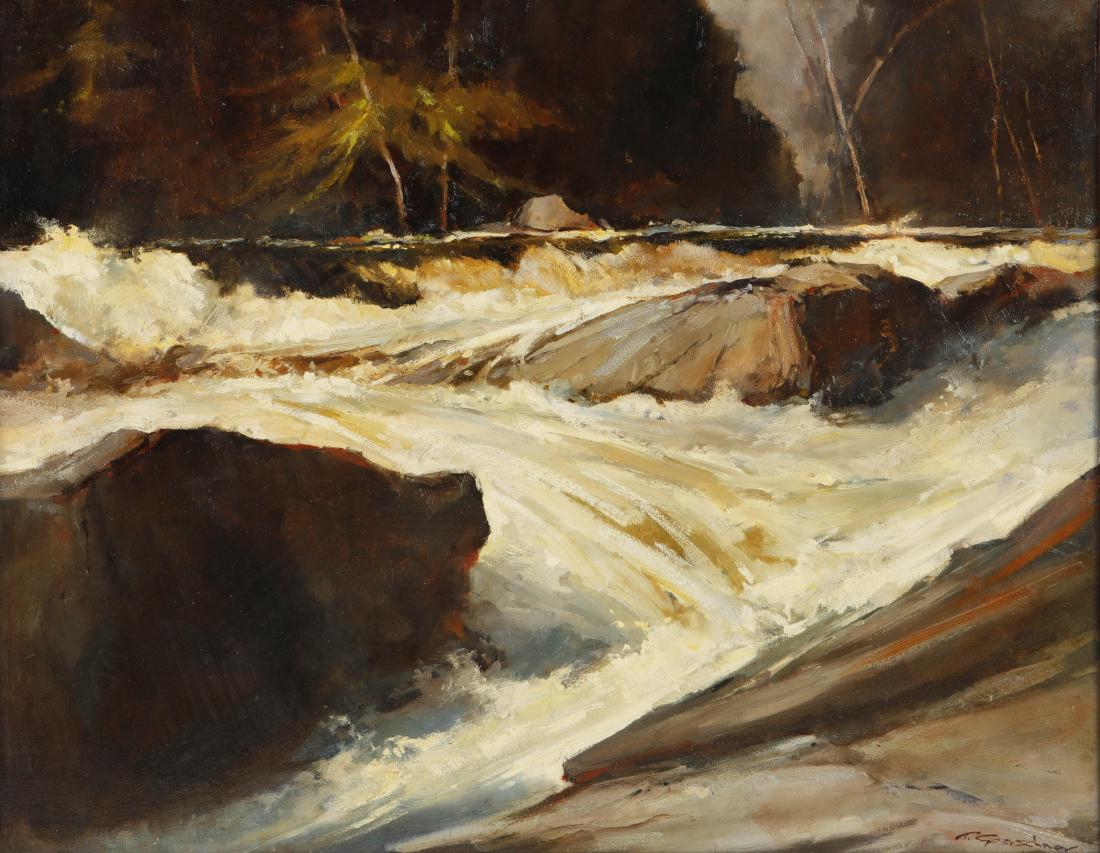 Ted Goerschner, River rapids, oil: Ted Goerschner (American, 1933-2012) River rapids oil on masonite signed lower right T Goerschner 23 x 29in (58 x 72.5cm)Provenance: Property from a Prescott, Arizona Collection.