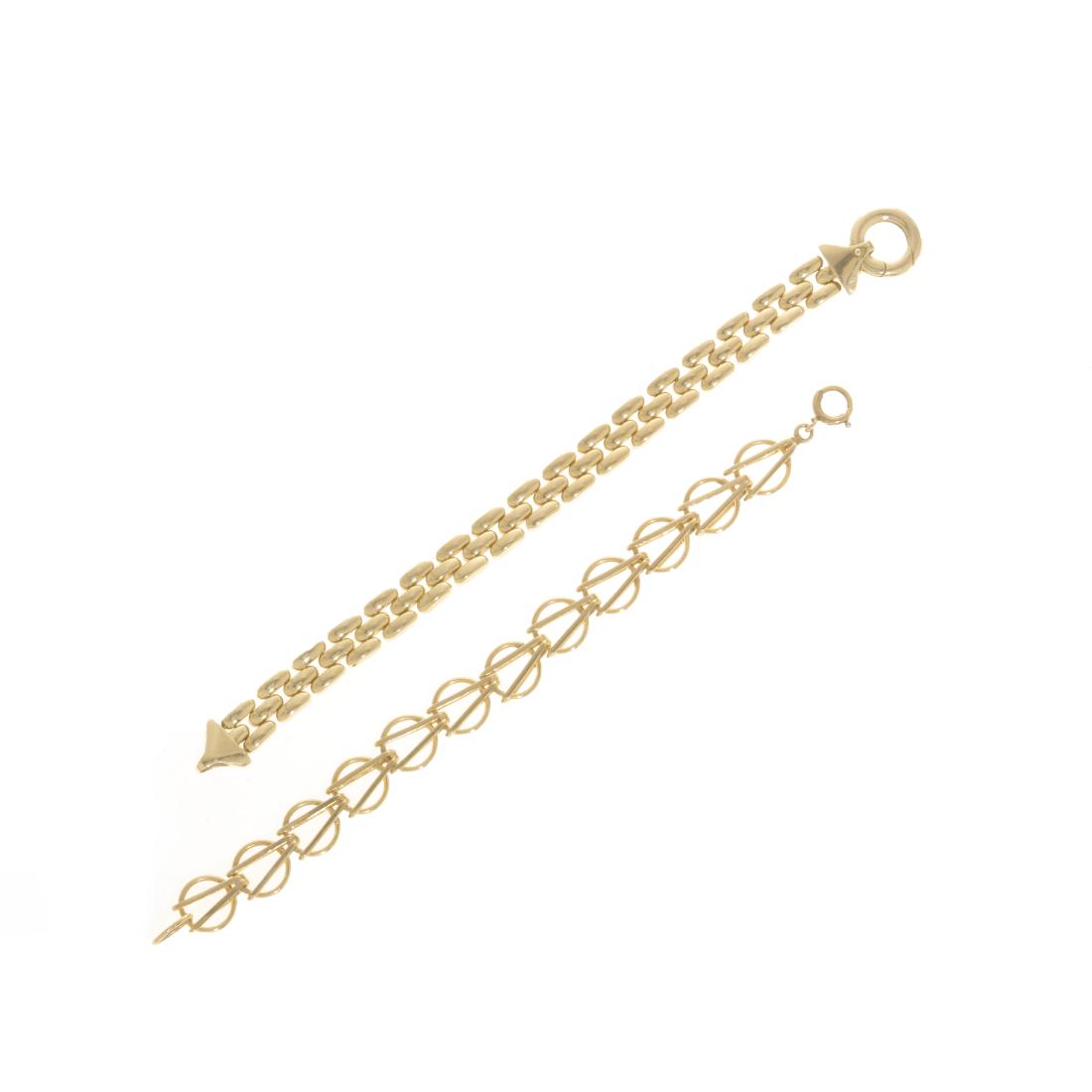 Two 14K gold fancy link chain bracelets: Two 14K gold fancy link chain bracelets length 6in (15.25cm) and 6 1/4in (15.75cm); total weight approximately 37 grams