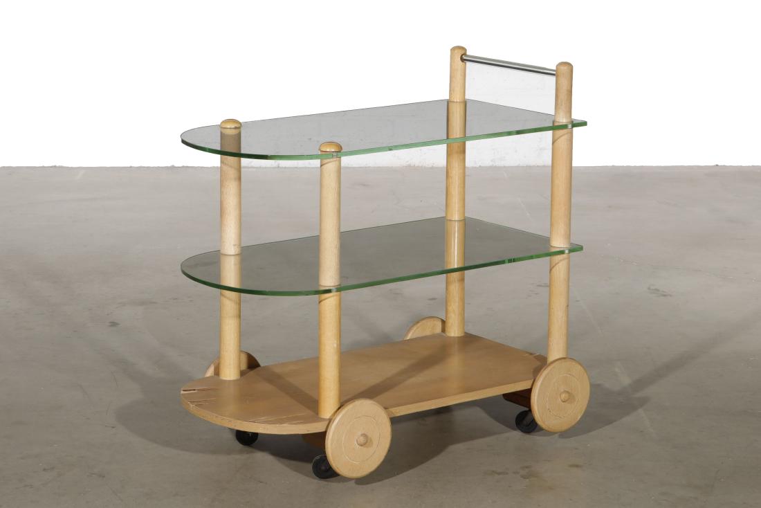 Gilbert Rohde for Herman Miller bar cart: A Gilbert Rohde for Herman Miller oak and glass bar cart circa 1940s Unmarked. height 32 1/2in (82.5cm); width 34in (86.5cm); depth 18.5in (47cm)