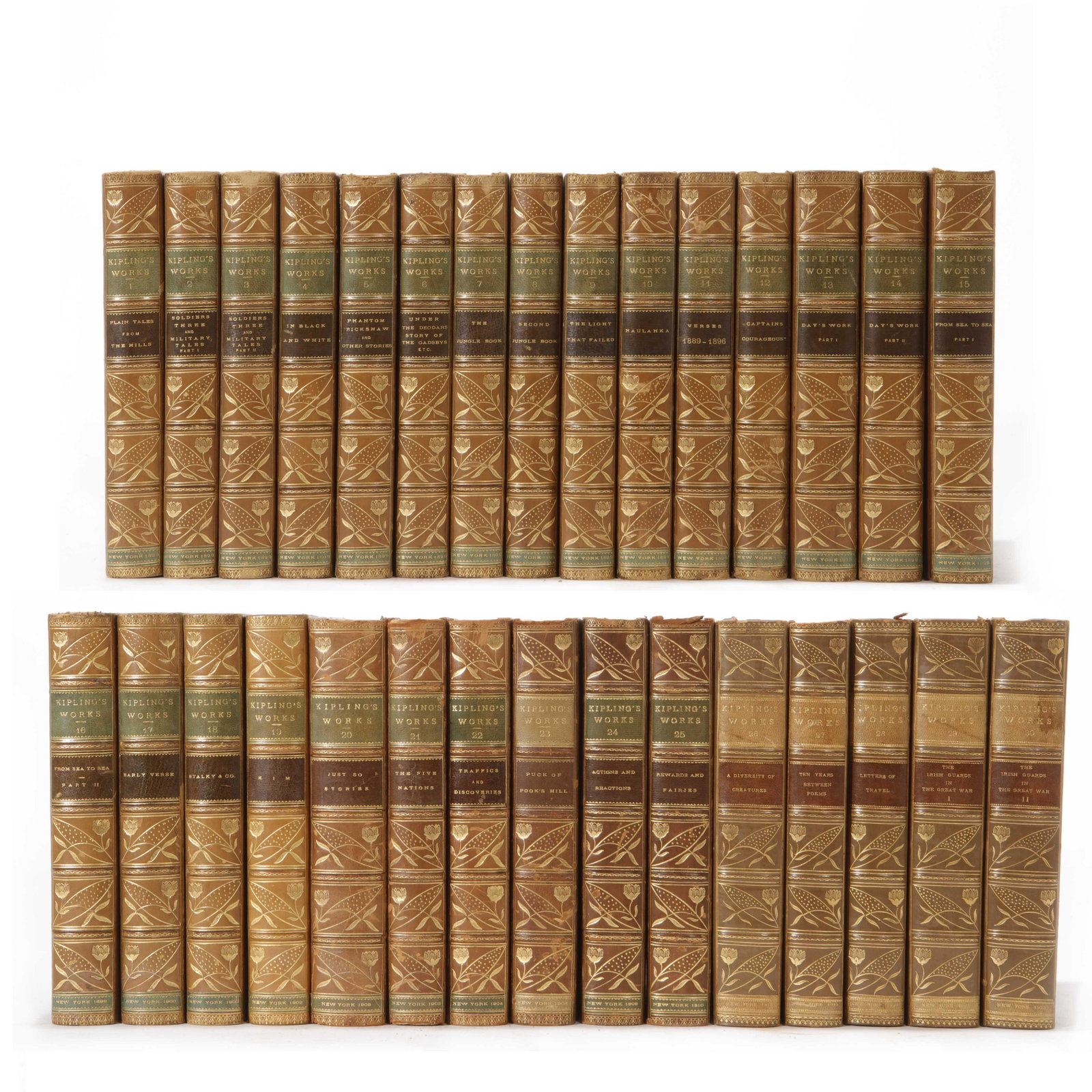 Kipling, Rudyard. The Writings in Prose and Verse: Kipling, Rudyard. The Writings in Prose and Verse of Rudyard Kipling. New York: Charles Scribners Sons, 1899-1923. 30 vols Complete. ¾ contemporary calf over marbled boards, gilt titles and flo