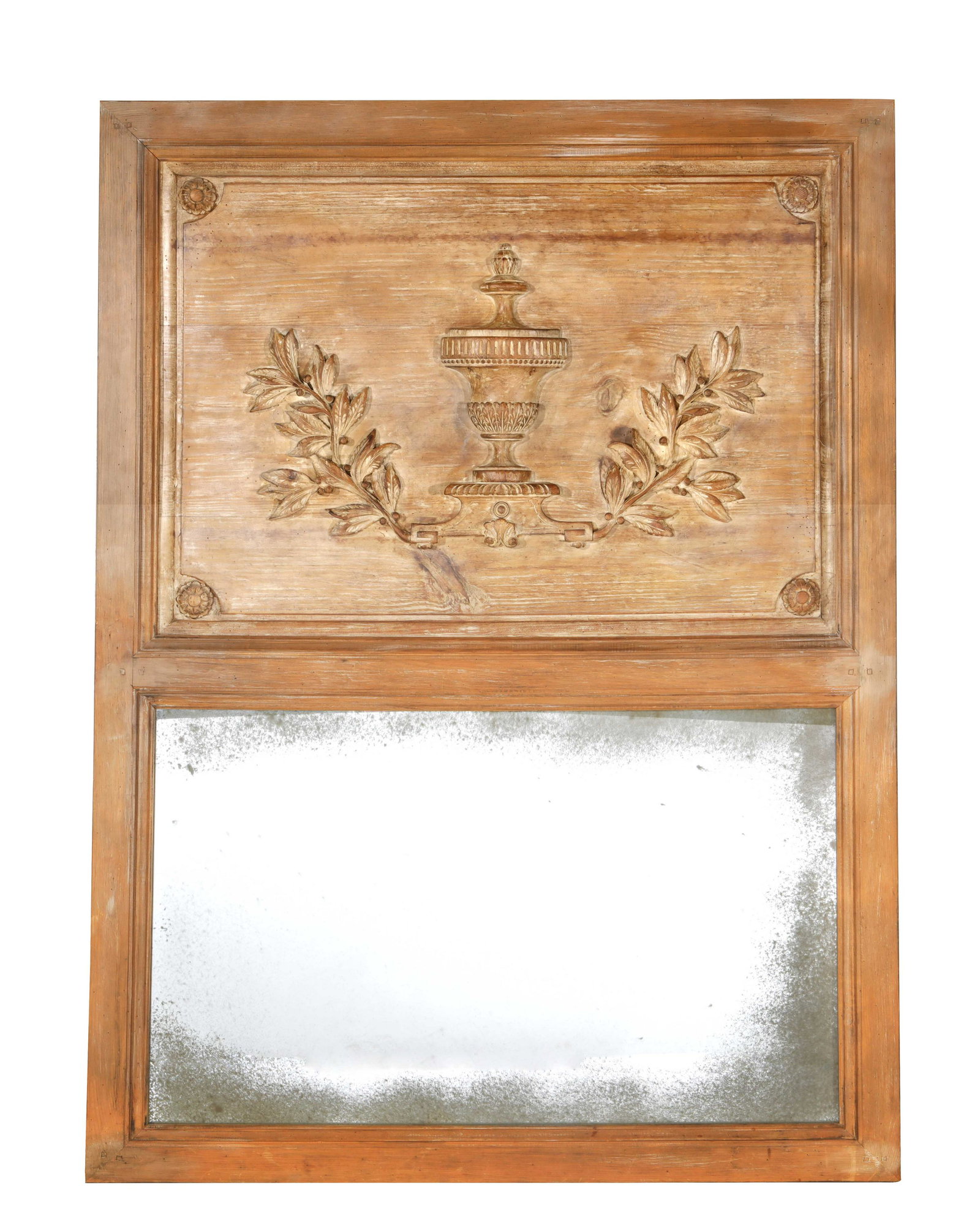 Continental Neoclassical style wood mirror: A Continental Neoclassical style wood mirror composed of antique and later elements height 65in (165cm); widtrh 48in (122cm); depth 1 1/2in (4cm)