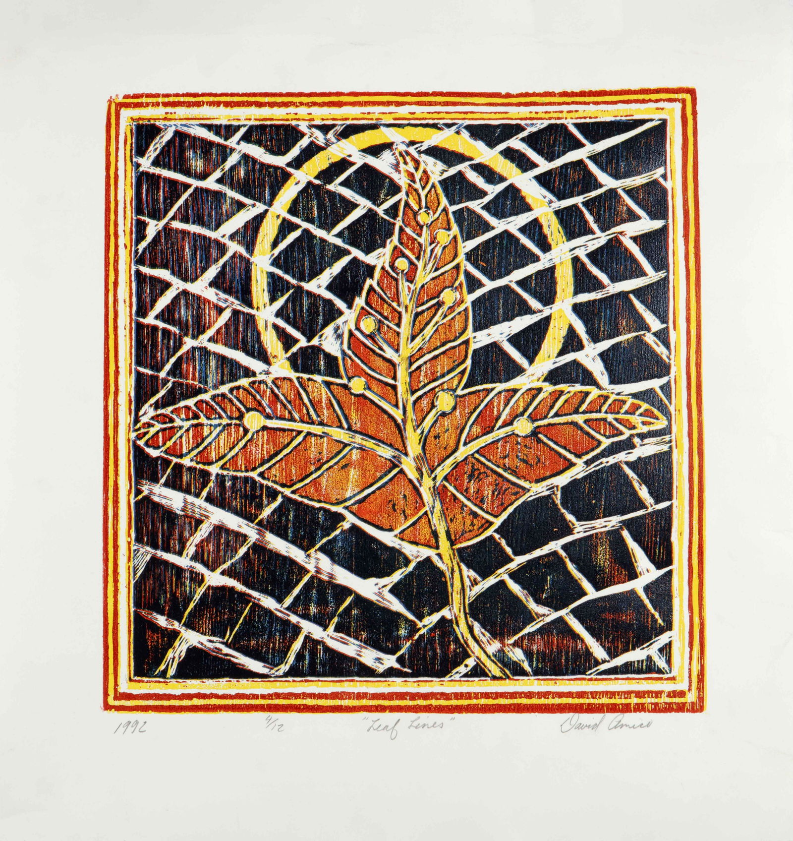 David Amico, color print, Leaf Lines, 1992: David Amico (American, b. 1951) Leaf Lines, 1992 color print dated, numbered 4/12, titled and signed David Amico in pencil along bottom 11 3/4 x 11 1/4in (30 x 28.5cm)