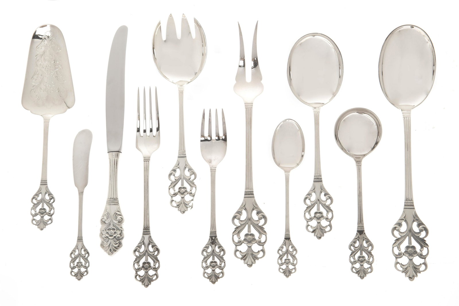 53 pc Marthinsen silver Viking Rose flatware set: A TH Marthinsen sterling silver Viking Rose pattern part flatware service TÃ¸nsberg late 20th century Comprising: 8 forks, 8 knives, 8 salad forks, 8 round bowl soup spoons, 8 butter spreaders, 8 te