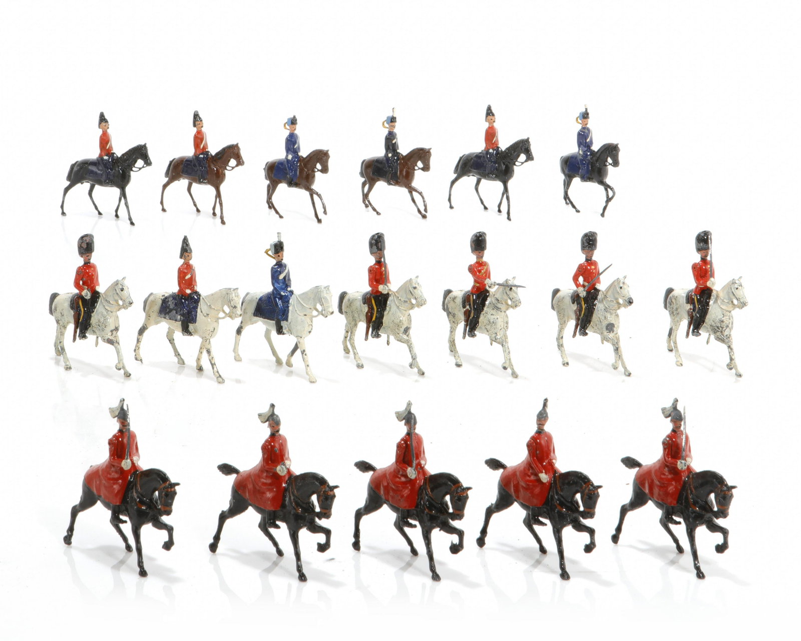 18 English hand painted lead soldiers on horseback: An assembled group of English hand painted lead soldiers on horseback J. Hill & Company first half 20th century (18) height of tallest 3 1/4in (8cm)