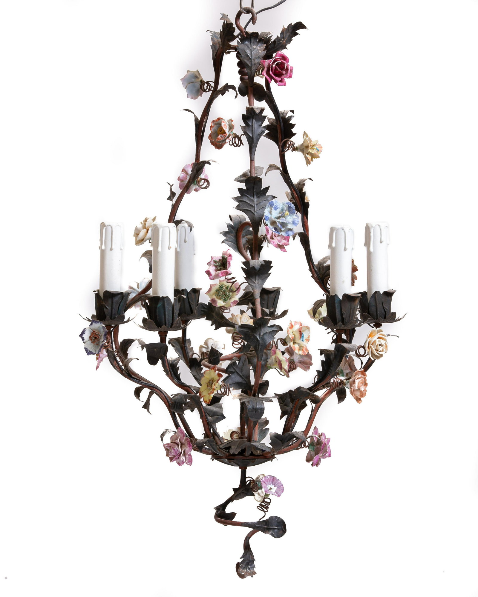 A porcelain flower and tole six light chandelier: A porcelain flower mounted painted tole six light chandelier 20th century height approximate;y 28in (71cm); diameter approximately 17in (43cm)Provenance: Property from The McNally Company Antiques, Ra