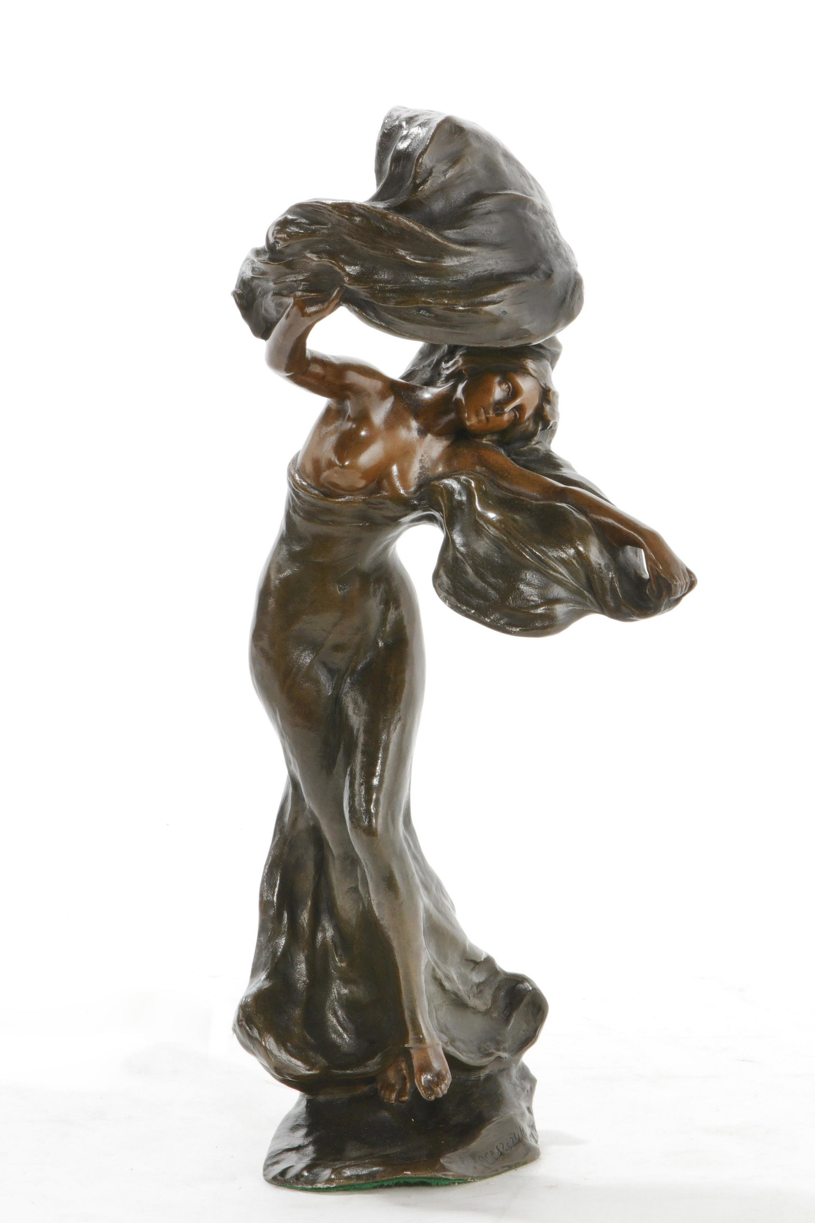 An Art Nouveau style Loie Fuller lamp: An Art Nouveau style patinated bronze Loie Fuller lamp After the model by Peter Tereszczuk (1875-1963) Base signed P. Tereszczuk. height 14 1/2in (37cm)