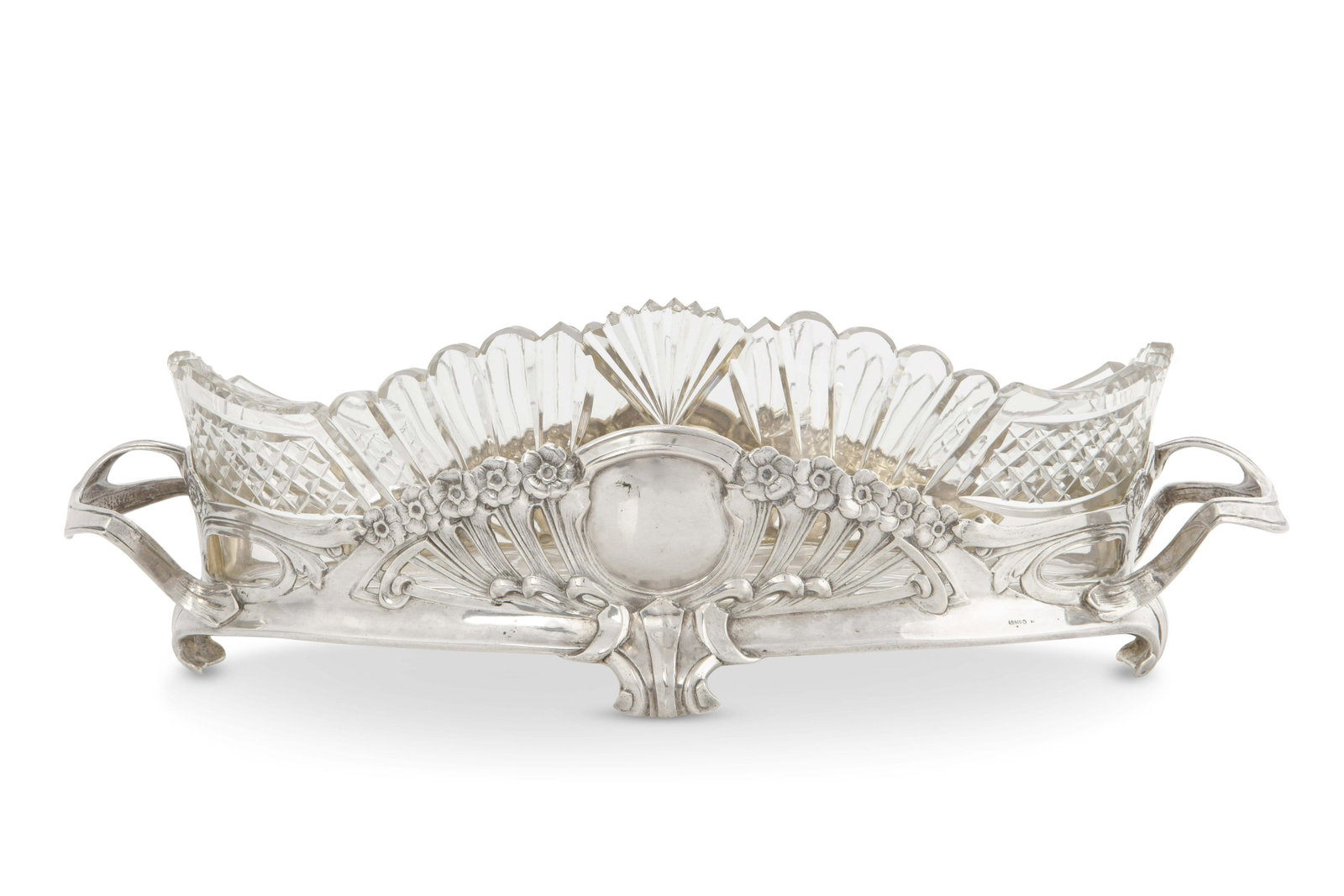 German 800 silver Jugendstil jardiniere: A German 800 standard silver Jugendstil jardiniere early 20th century With glass liner. length over handles 15in (38cm); silver weight approximately 12oz troy