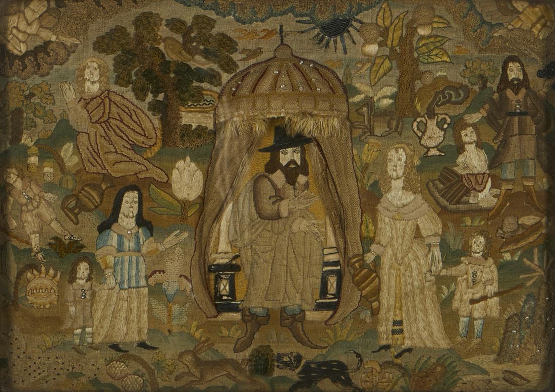 A Charles II stumpwork panel: A Charles II stumpwork panel second half 17th century sight 9 1/4 x 13in (23.5 x 33cm) Provenance: Property from a Long Beach, California Estate.