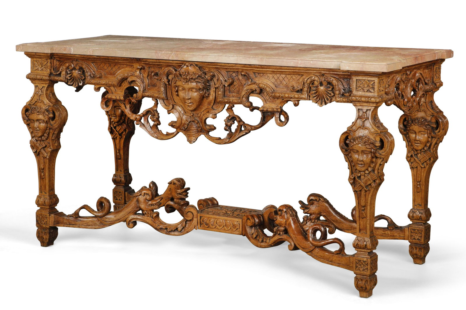 A Louis XIV style carved oak side table: A Louis XIV style carved oak side table incorporating antique and later elements height 33in (84cm); width 64in (162.5cm); depth 24 1/2in (62cm)