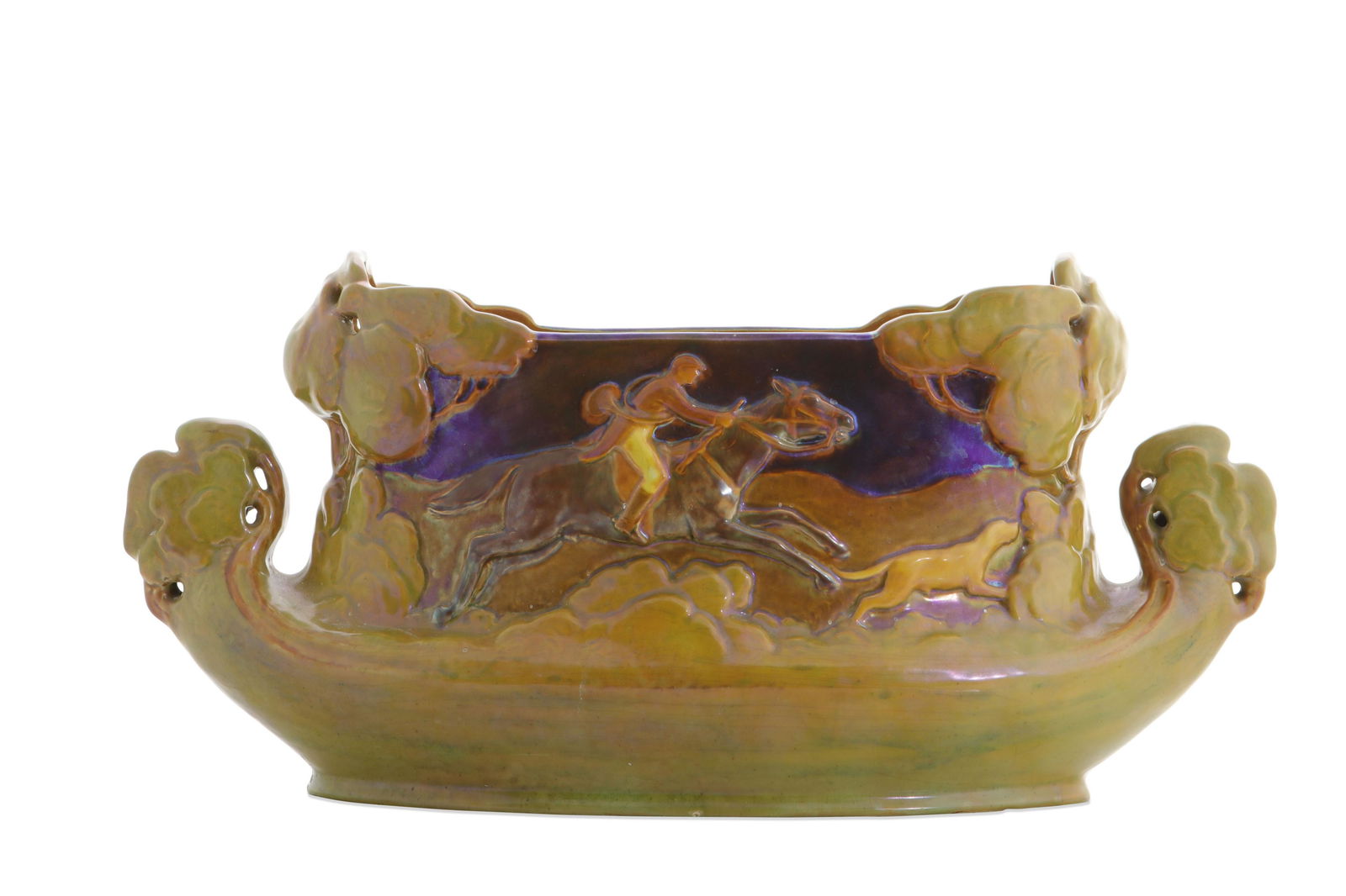 Zsolnay Pecs Eosin glazed oval footed jardiniere: A Zsolnay Pecs Eosin glazed oval footed jardiniere circa 1900 Decorated with a scene of a stag hunt, impressed ZSOLNAY PECS and numbered 7858. height 8 1/2in (21.5cm); length over handles 17in (43cm);