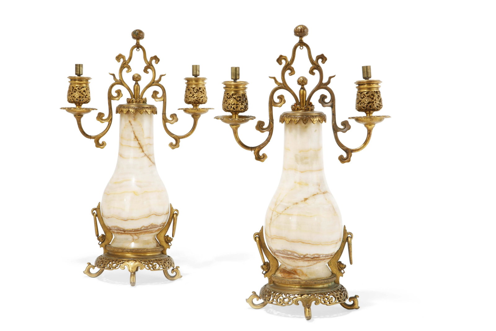 Pair French bronze & onyx candelabra, Barbedienne: A pair of French gilt bronze and onyx two light candelabra F. Barbedienne foundry, Paris late 19th/early 20th century Each incised F. BARBEDIENNE. height 15 1/2in (39.5cm)