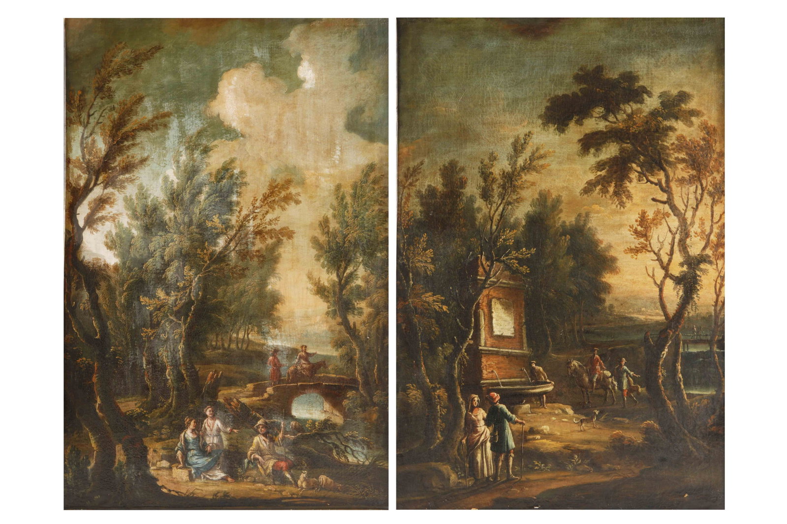 Continental School, Travelers capriccio fountain: Continental School (19th century) Travelers by a capriccio fountain in a wooded landscape oil on canvas also a companion painting, a pair 47 x 30 1/2in (119.5 x 76cm) Provenance: Property from the Col