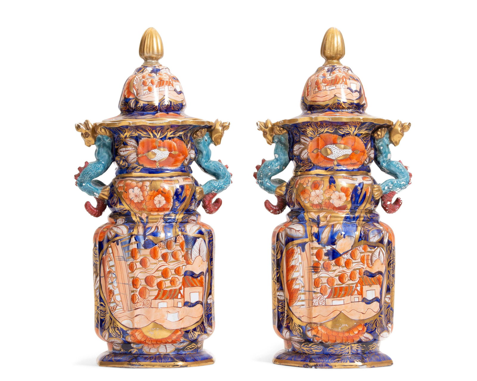 A pair of Mason s ironstone covered vases: A pair of Mason s ironstone covered vases circa 1815-25 Impressed MASON S PATENT IRONSTONE CHINA. height 25 3/4in (65.5cm) Literature: For a similar shape example, see Geoffrey Godden, Godden s Guide 