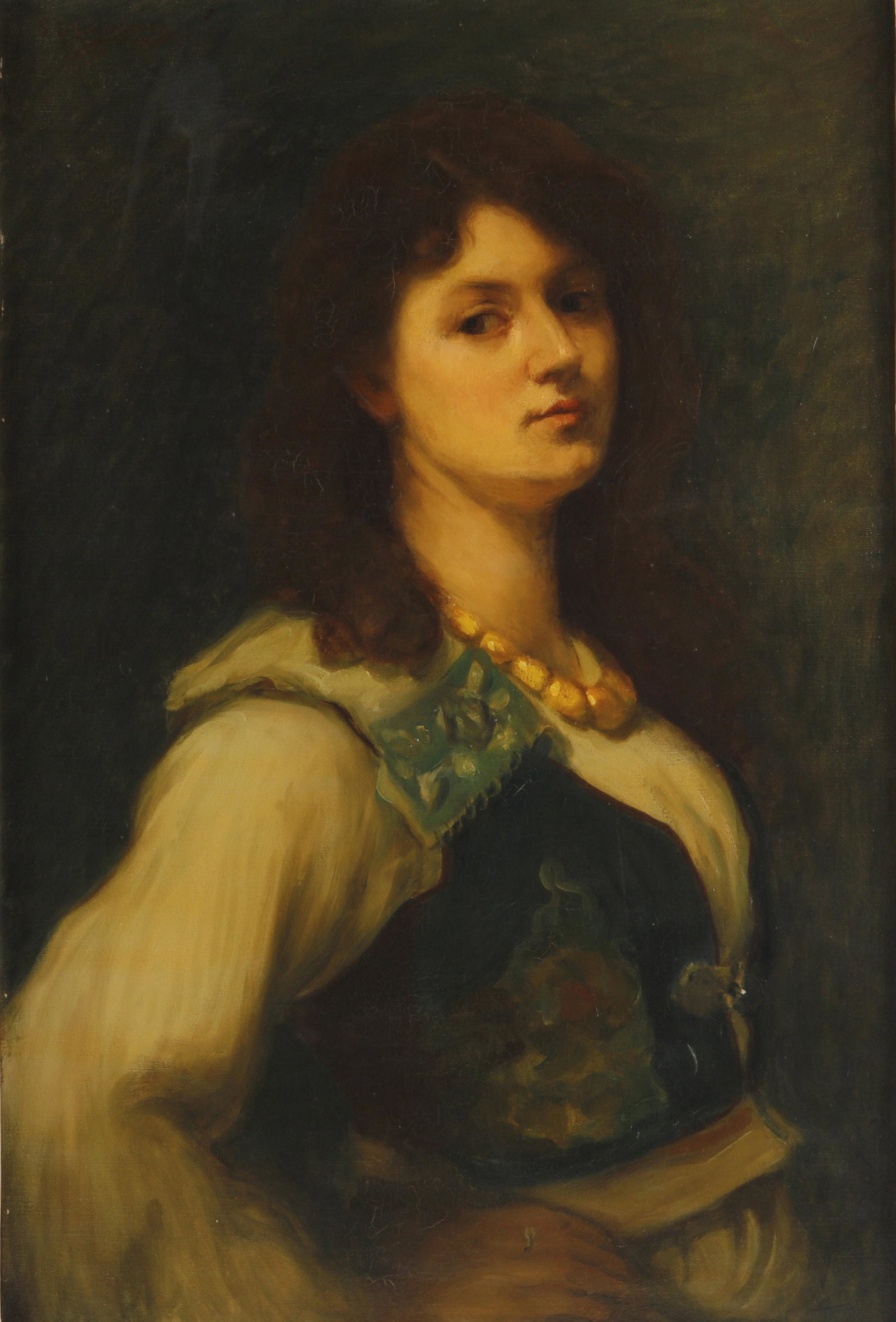 French School , oil, Portrait of a young woman: French School 19th/20th century Portrait of a young woman with amber necklace oil on canvas 29 1/2 x 19 3/4in (75 x 50cm) Provenance: Property from the Collection of Connie and Bill McNally, Rancho Sa